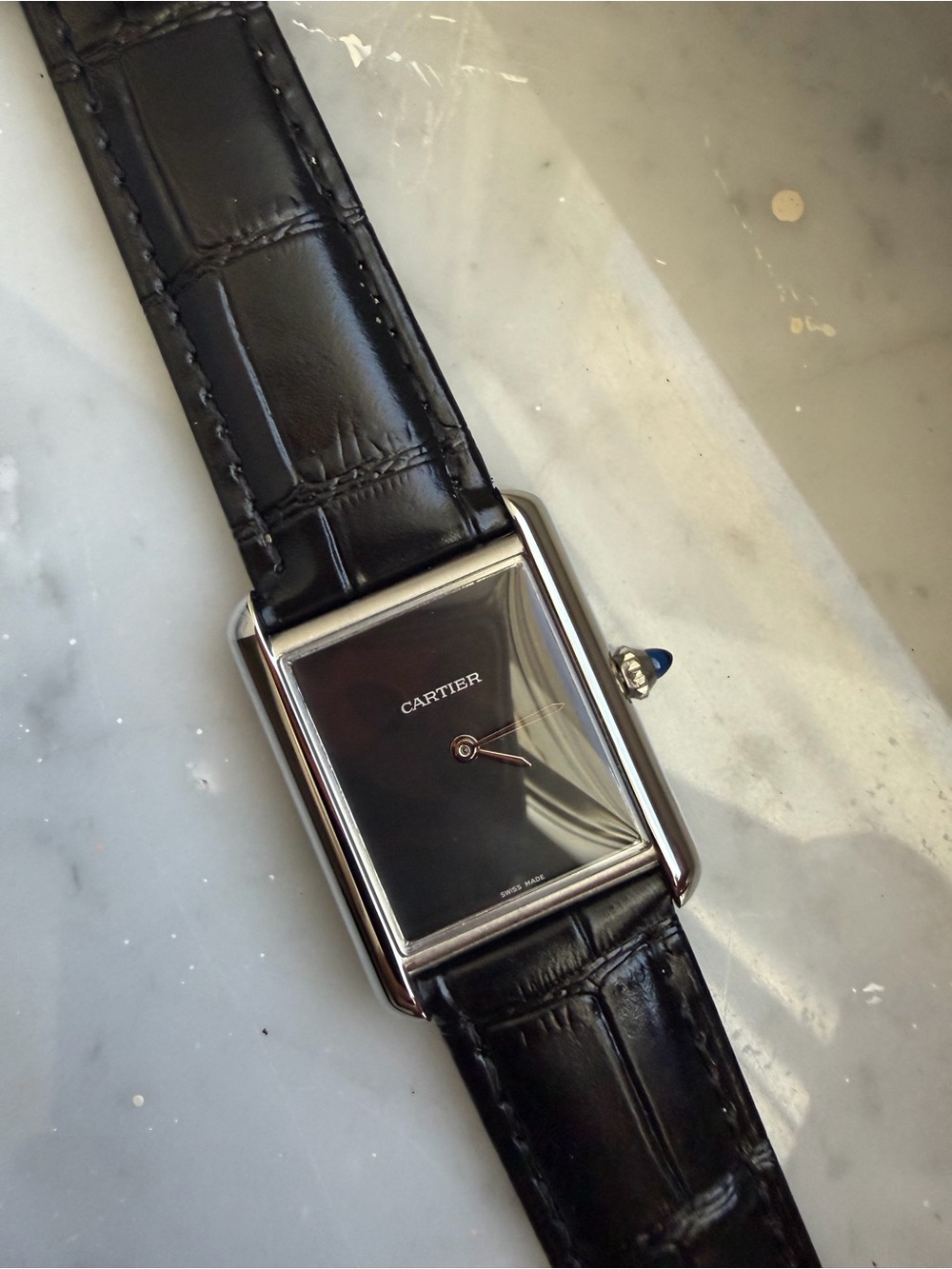 Tank watch Black Dial Silver Case Men's Watch with Black Leather Strap